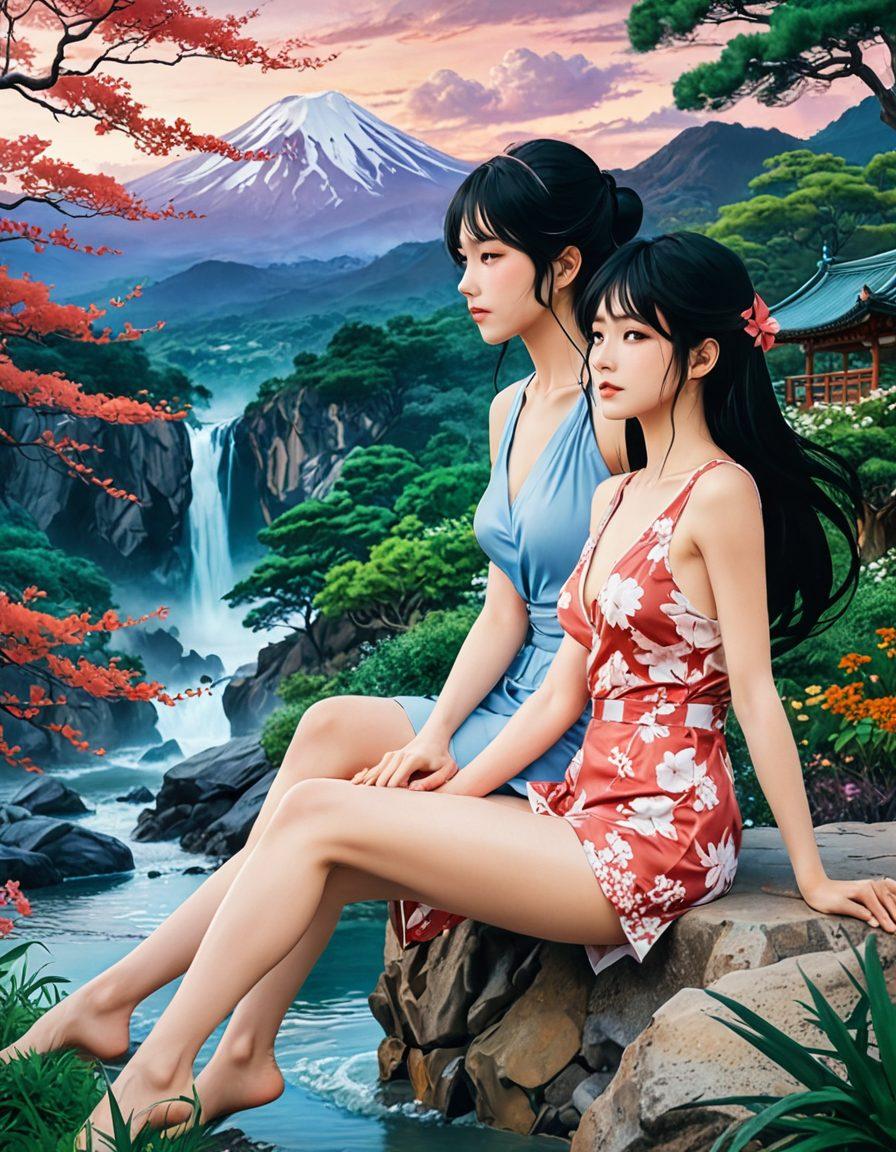 A visually striking montage featuring a diverse range of female characters inspired by manga, seamlessly blending into sensual and artistic representations of intimacy. The background should be a dreamy, soft-focus landscape evoking a sense of exploration and passion. Incorporate vibrant colors to convey emotion, alongside subtle hints of erotic artistry. The overall style should reflect a balance between manga-inspired aesthetics and adult film influences, inviting curiosity and allure. vibrant colors. dreamy background. manga-inspired art style.