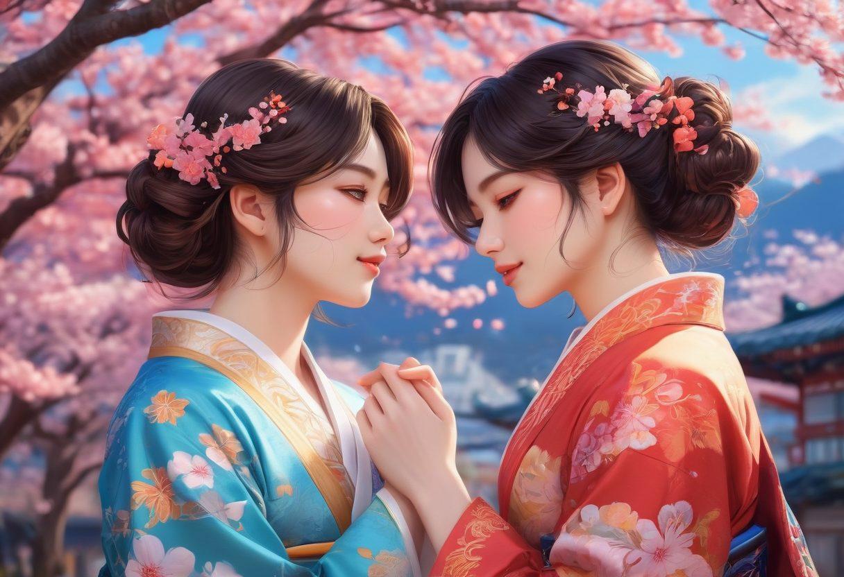 A captivating illustration featuring two women sharing a tender moment of intimacy, surrounded by a vibrant and colorful hentai-inspired background. The characters should express passion through their body language and soft smiles, while playful motifs, such as cherry blossoms and ornate patterns, amplify the allure of their relationship. The scene should evoke a sense of warmth and connection, highlighting the beauty of love in a unique and artistic way. vibrant colors. anime style. intricate details.