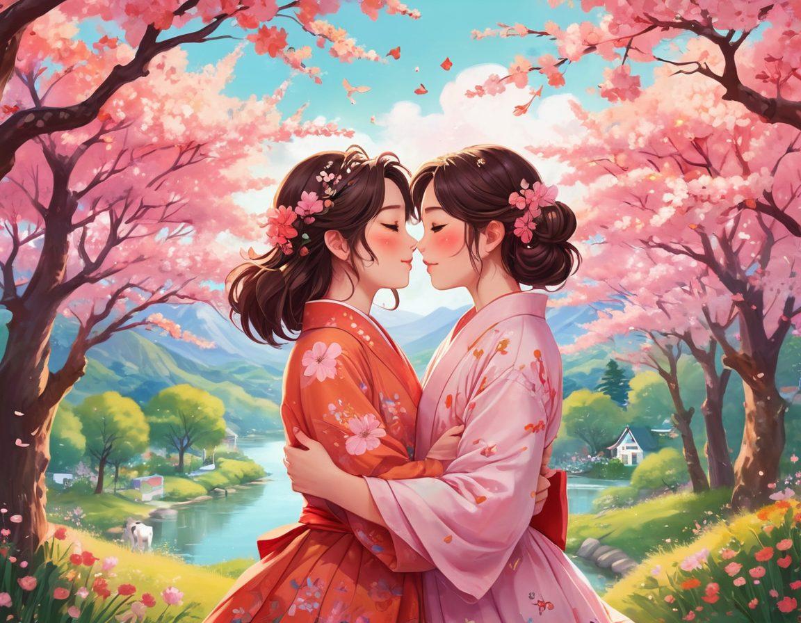 A playful and colorful illustration showcasing two anime-style female characters in a romantic embrace, surrounded by a vibrant landscape filled with fantasy elements like cherry blossoms and whimsical creatures. Include subtle hints of art supplies to signify creativity and expression in lesbian hentai. Integrate elements such as bold colors and soft lines for a captivating feel. The background should be dreamy and inviting, enhancing the theme of exploration and joy. super-realistic. vibrant colors. anime style.